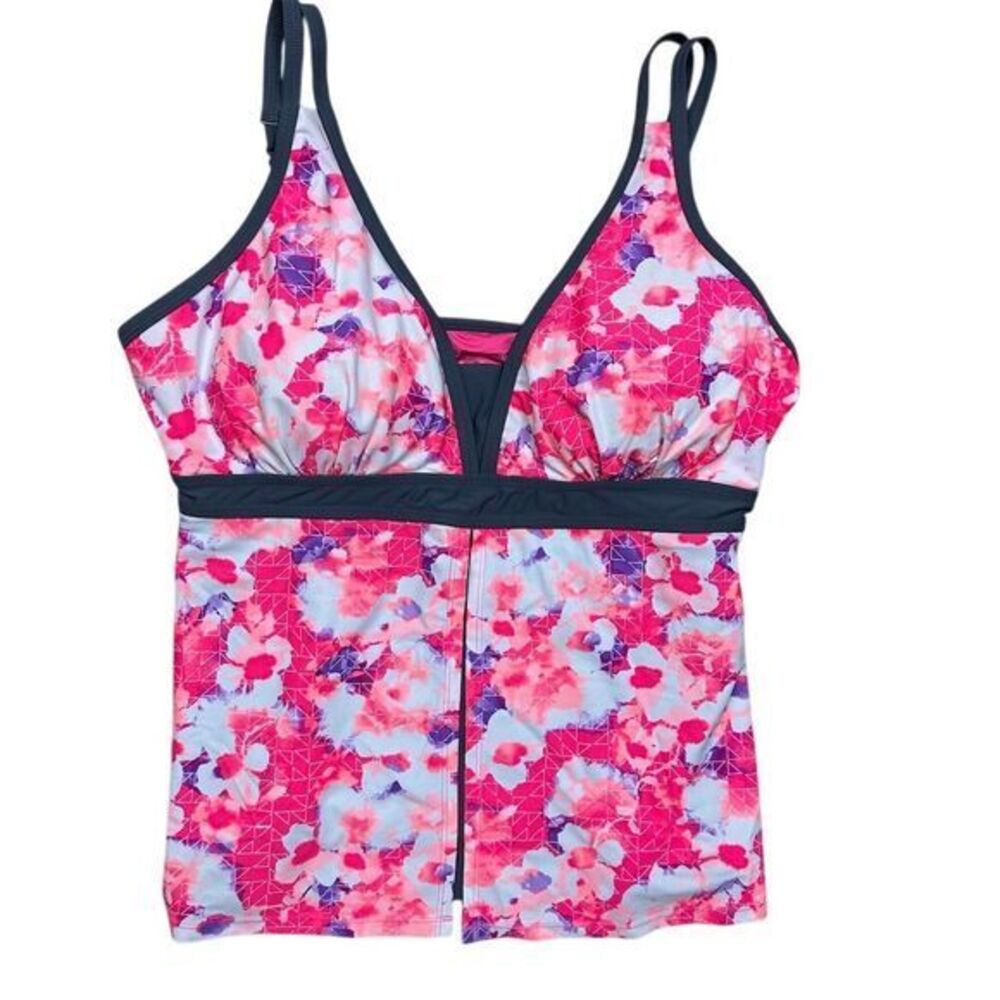 NWT‎ Free Country Women's Floral Tankini Top Pink/Grey 1x Adjustable Straps